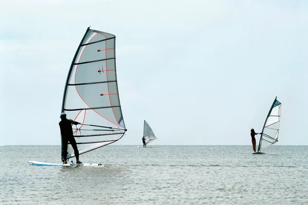 Silhouetten van een drie windsurfers — Stockfoto