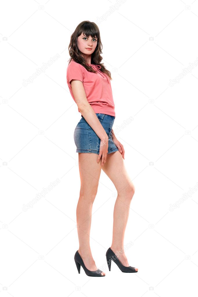 Pretty girl in jeans mini skirt