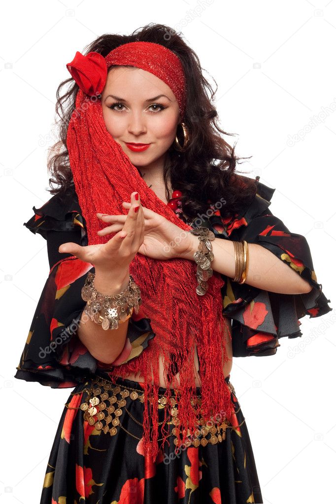 Portrait of expressive gypsy woman. Isolated on white