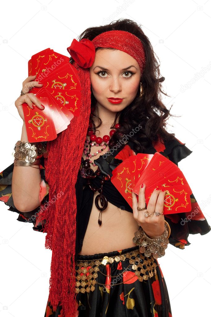 Portrait of gypsy woman with cards. Isolated