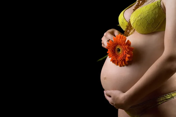 Buik van een zwangere jonge vrouw met bloem — Stockfoto