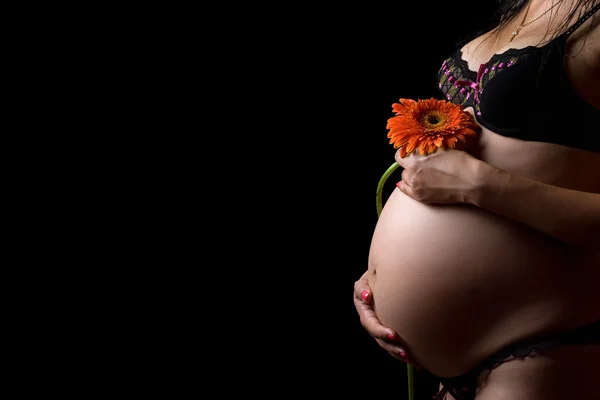 Belly of a pregnant woman with flower — Stock Photo, Image
