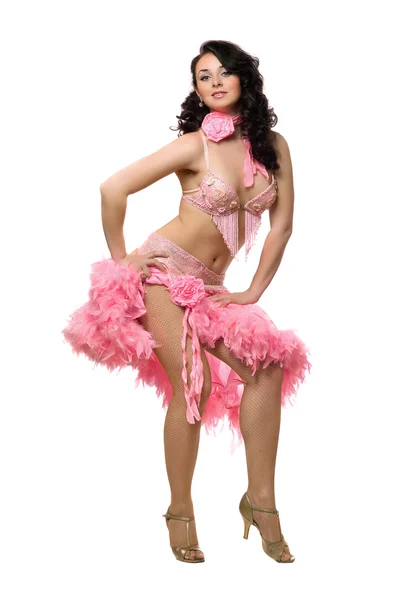 Linda morena em vestido de dança rosa. Isolados — Fotografia de Stock