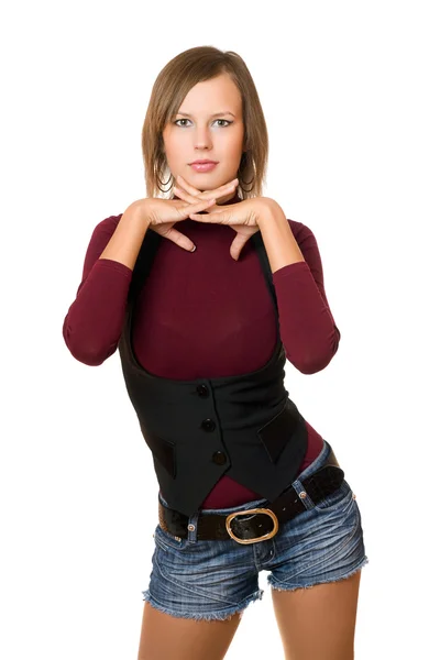 Retrato de jovem mulher em um colete preto — Fotografia de Stock