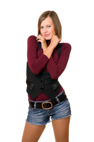 Portret van lachende meisje in een zwart vest — Stockfoto