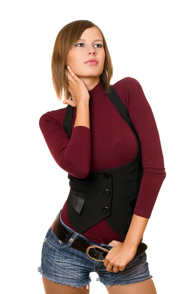 Portret van mooi meisje in een zwart vest — Stockfoto