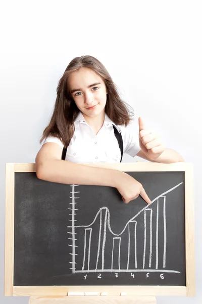 Çizgi grafik için işaret eden kız öğrenci — Stok fotoğraf
