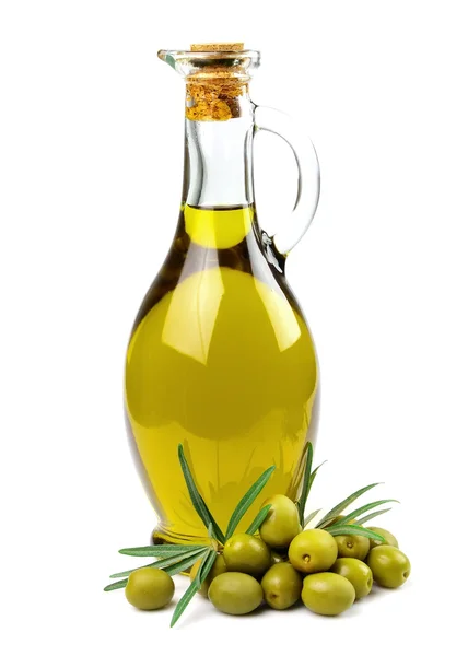 Olives and a bottle of olive oil — Stock Photo, Image