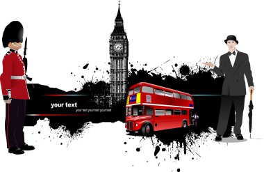 Grunge banner with London and bus images. Vector illustration clipart