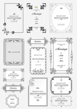 Set of ornate vector frames and ornaments with sample text. Perf clipart