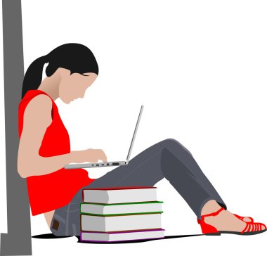Sitting girl with laptop and book`s column. Back to school. Vect clipart