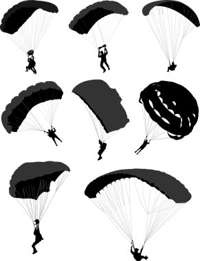 Big set of parachutists in flight clipart