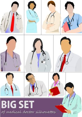 Big set of Medical doctor silhouettes with stethoscope. Vector i clipart