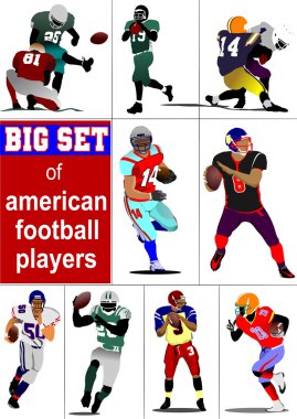 Big set of American football player s silhouettes in action. Vec clipart