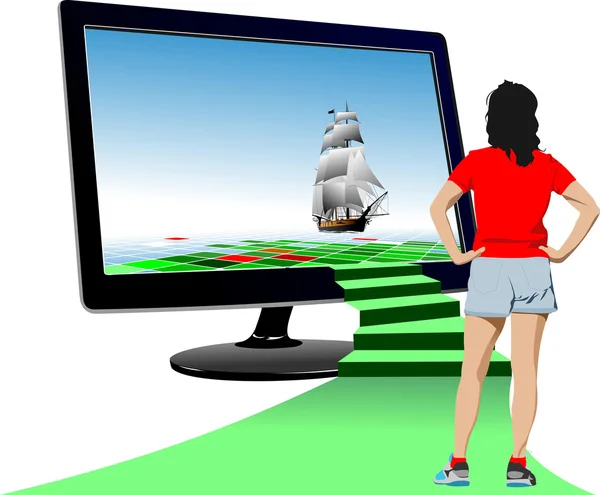 Futuristické monitor s plachetnice a mladá žena stojící v — Stockový vektor