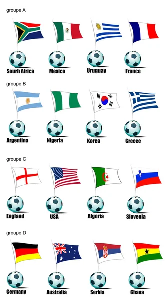 Ícones de futebol equipes Copa do Mundo em 2010 de acordo com grupos. Grou... —  Vetores de Stock