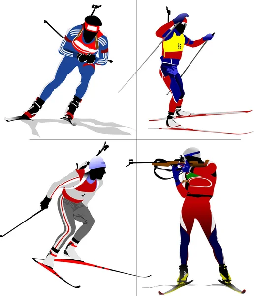 Cztery biegacz Biathlonie kolorowe sylwetki. Ilustracja wektorowa — Wektor stockowy