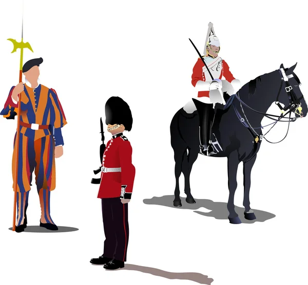 Imagen vectorial de tres guardias en un caballo aislado en blanco — Vector de stock