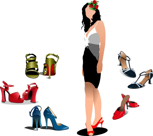 Junge Frau mit 5 Paar Schuhen. Vektorillustration — Stockvektor