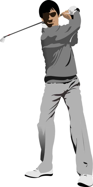 Golfista uderzający piłkę żelaznym kijem. Ilustracja wektora — Wektor stockowy