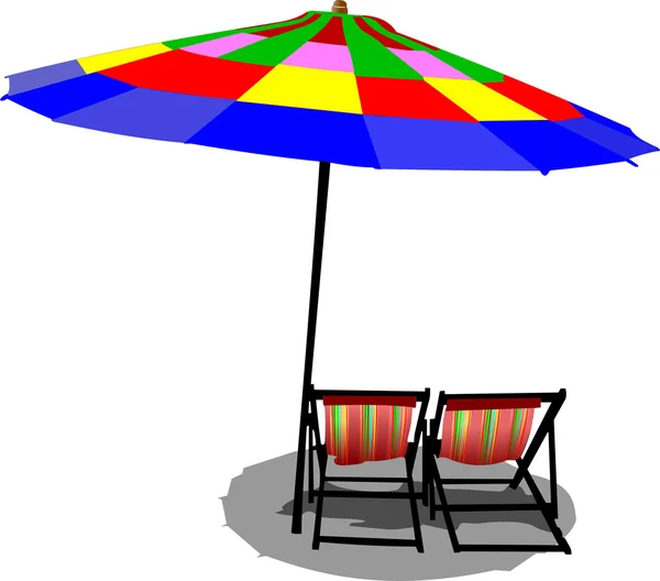 Two beach chairs and colored umbrella on beach — Stock Vector