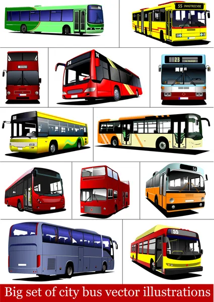 Un gran numero di autobus urbani. Allenatore turistico. Illustrazione vettoriale per de — Vettoriale Stock