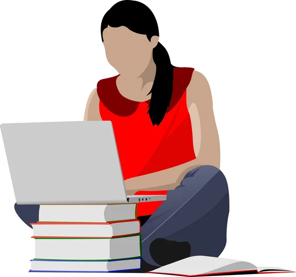 Chica sentada con portátil y columna de libro. De vuelta a la escuela. Vect. — Vector de stock