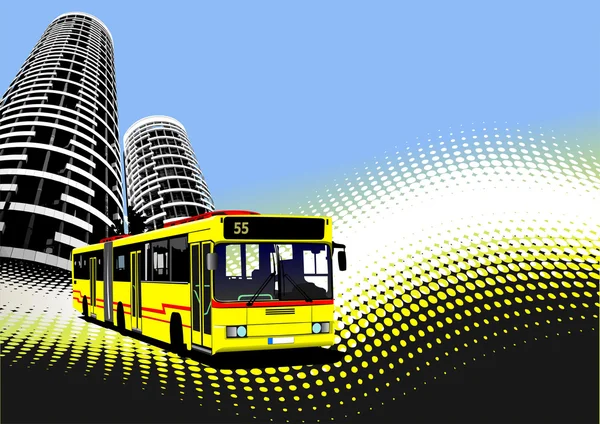 Городской транспорт на фоне города. Автобусы. Векторная иллюстрация — стоковый вектор