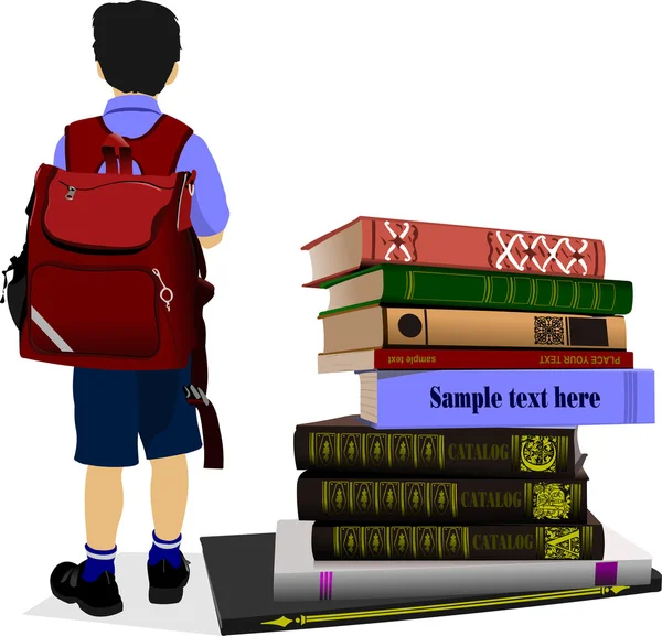 Schooljongen en kolom boeken. vectorillustratie — Stockvector