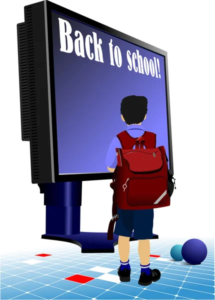 Schoolboy going to school.. Back to school. Monitor and books. — Stock Vector