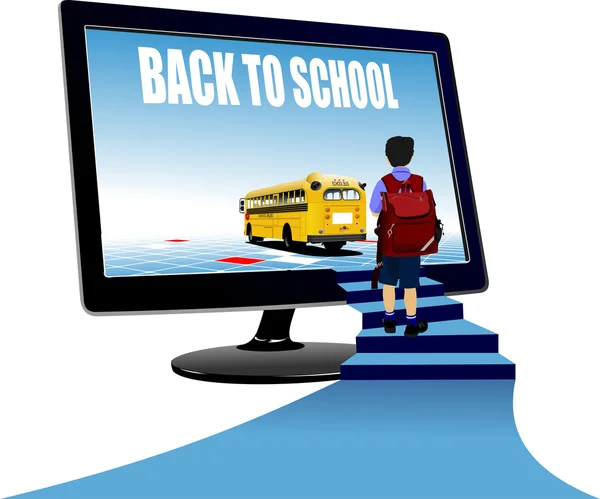 Schoolboy upstairs to school bus. Back to school. Vector illustr — Stock Vector