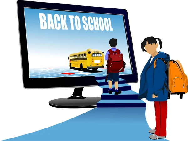 School boy and school girl upstairs to school bus. Back to scho — Stock Vector