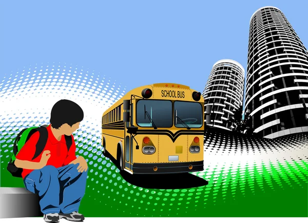 School jongen wacht bus van de school. terug naar school. vector ziek — Stockvector