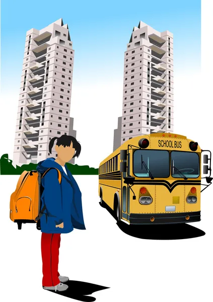 Dormitory and school bus. School girl. Back to school. Vector il — Stock Vector