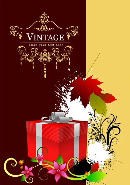 Omslag till broschyr med röd presentask och höstrött löv — Stock vektor