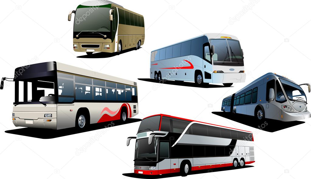 Five city buses. Tourist coach. Vector illustration