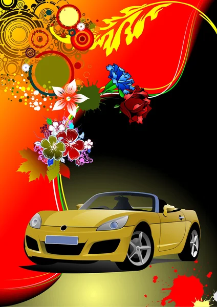 Květinové pozadí s kabriolet auto image — Stockový vektor