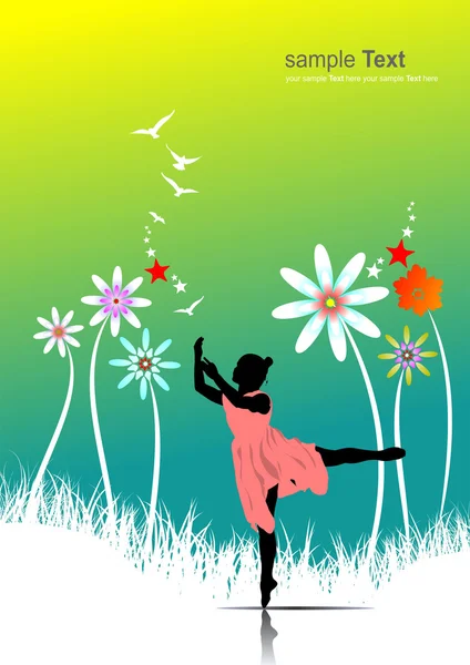 Fundo verde de verão com menina dançarina. Ilustração vetorial — Vetor de Stock