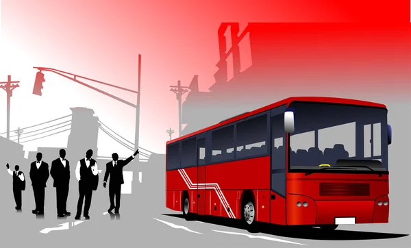 Business silhouettes and bus image on urban background. — Stock Vector