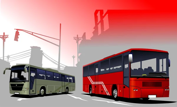 都市のシルエットとバスのイメージ。ベクトル — ストックベクタ