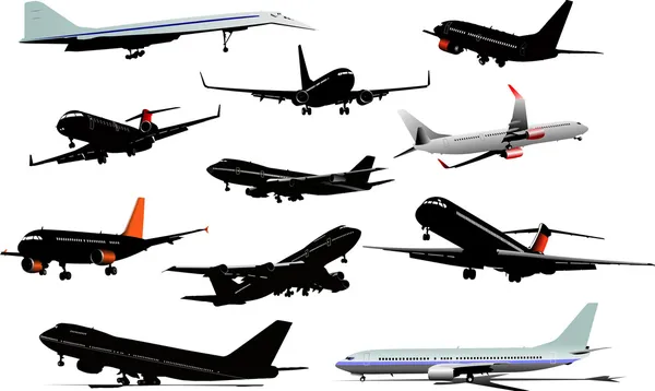 Eleven colored Airplane silhouettes. Vector illustration — Stock Vector