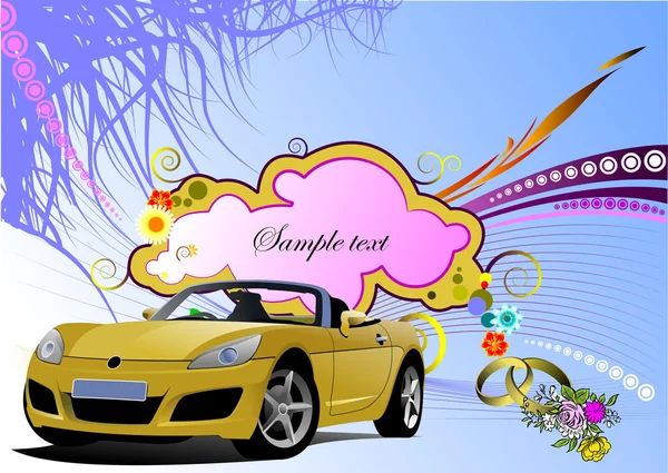 Grunge-Blumen-Grußkarte mit Cabriolet-Bild. Vektor — Stockvektor