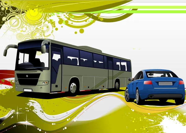 Grunge zelené a žluté pozadí s obrázky autobusů a automobilů. vect — Stockový vektor