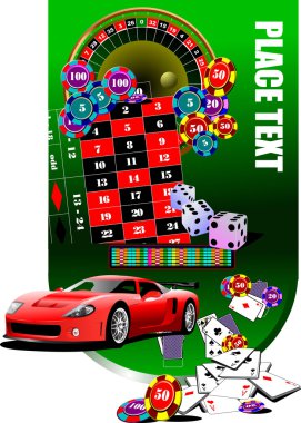 Roulette table and casino elements with sport car image. Vector clipart