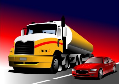 Car and truck on the road. Vector illustration clipart