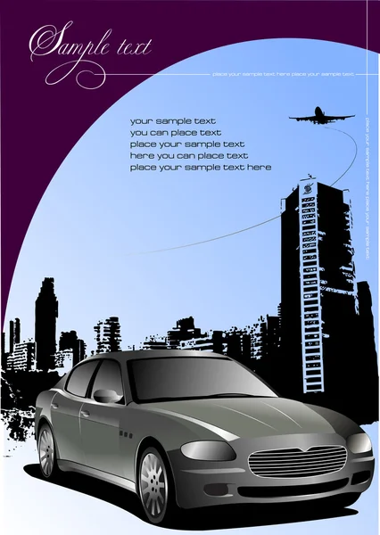 Couverture pour brochure avec silhouette urbaine et image de voiture — Image vectorielle