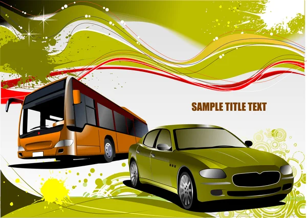 绿色和黄色的 grunge 背景与巴士和汽车的图像。vect — 图库矢量图片