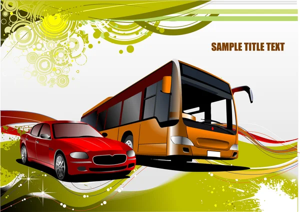 Green and Yellow grunge background with bus and car images — Stock Vector