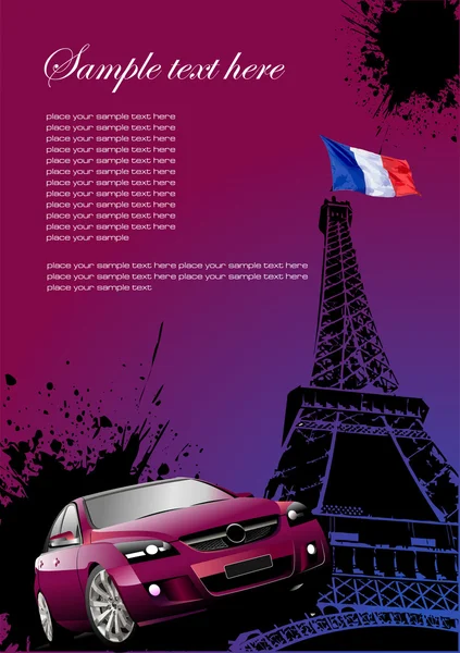 Обложка для брошюры с изображением Парижа, флагом Франции и автомобилем — стоковый вектор