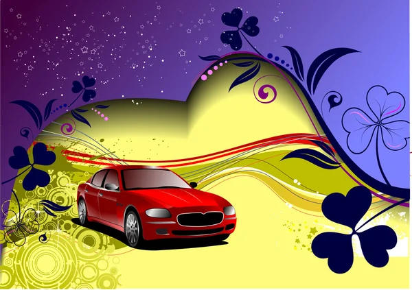Tarjeta de felicitación floral Grunge con imagen de coche. Vector — Vector de stock